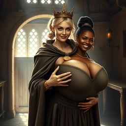 In a medieval bordello room illuminated by daylight, a very short and emaciated 20-year-old blonde woman with very fair skin and striking blue eyes stands wearing a long, fully closed cloak