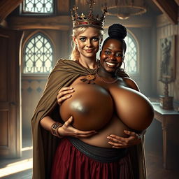 In a medieval bordello room illuminated by daylight, a very short and emaciated 20-year-old blonde woman with very fair skin and striking blue eyes stands wearing a long, fully closed cloak