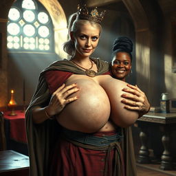 In a medieval bordello room illuminated by daylight, a very short and emaciated 20-year-old blonde woman with very fair skin and striking blue eyes stands wearing a long, fully closed cloak