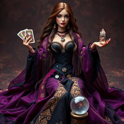 A mystical gypsy witch, named Barbie Bruja Gitana, wearing a long and flowing dress crafted from deep shades of purple, black, and red