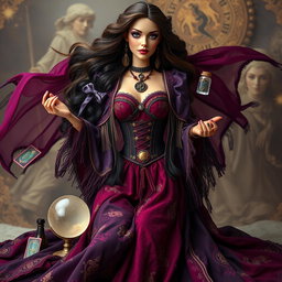 A mystical gypsy witch, named Barbie Bruja Gitana, wearing a long and flowing dress crafted from deep shades of purple, black, and red