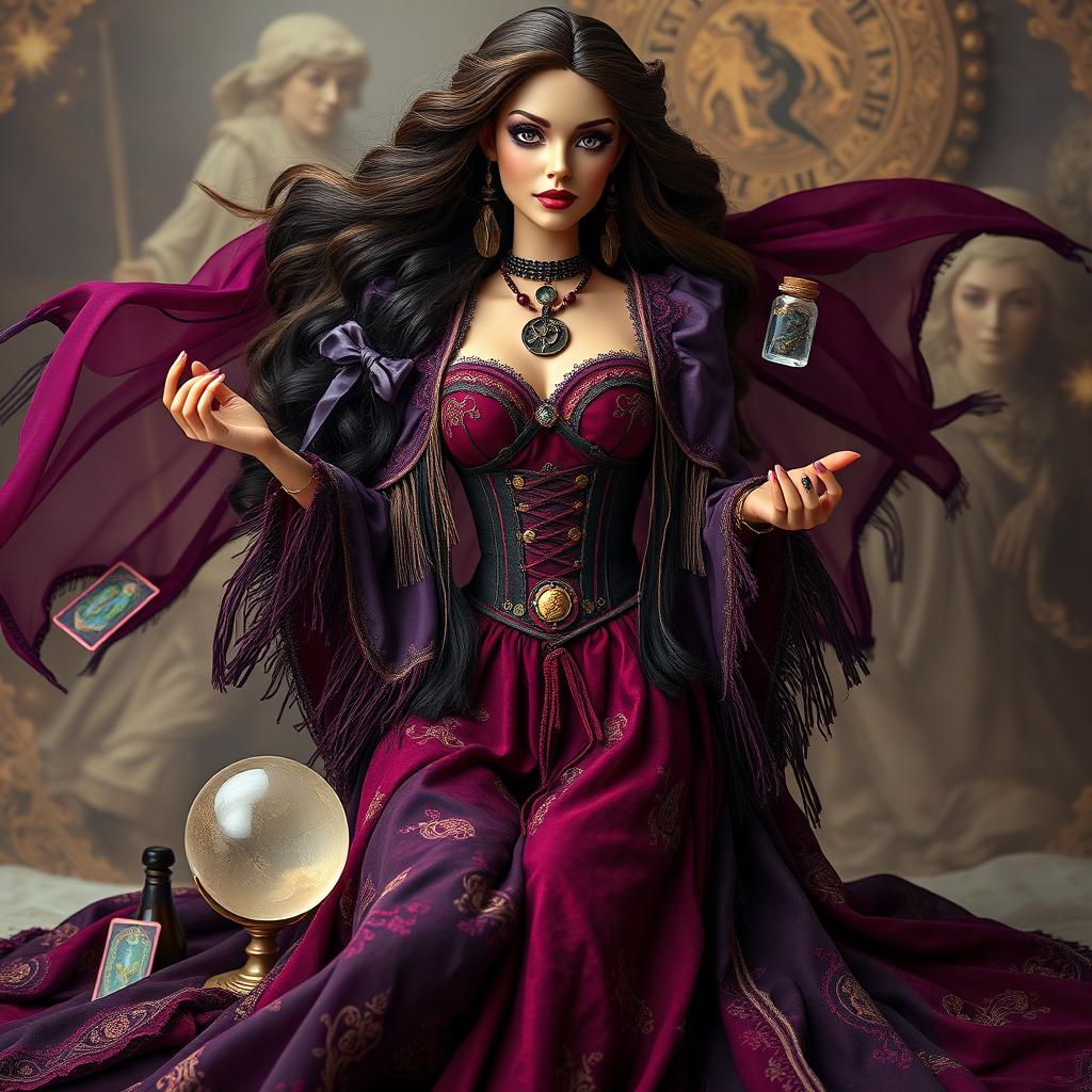 A mystical gypsy witch, named Barbie Bruja Gitana, wearing a long and flowing dress crafted from deep shades of purple, black, and red