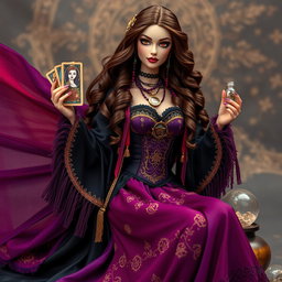 A mystical gypsy witch, named Barbie Bruja Gitana, wearing a long and flowing dress crafted from deep shades of purple, black, and red