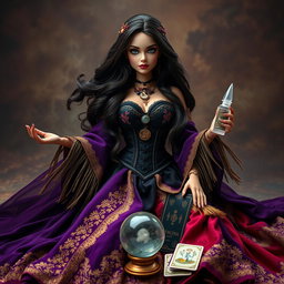 A mystical gypsy witch, named Barbie Bruja Gitana, wearing a long and flowing dress crafted from deep shades of purple, black, and red