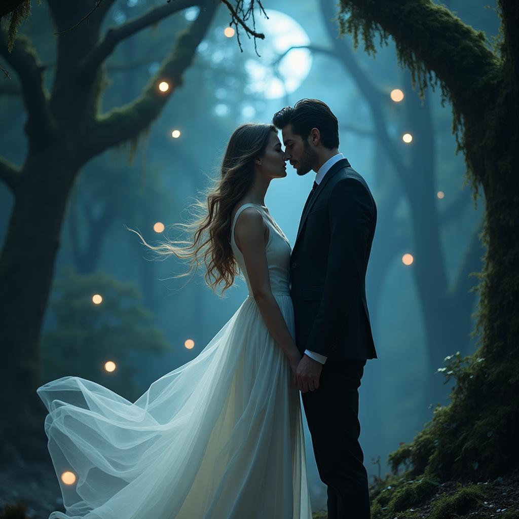A captivating scene of a paranormal romance, showcasing a mysterious, ethereal couple standing in a moonlit forest