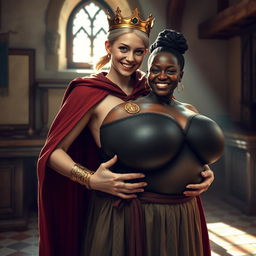 In a sunlit medieval bordello room, a very short, emaciated 20-year-old blonde woman with very fair skin and striking blue eyes stands wearing a long, fully closed cloak