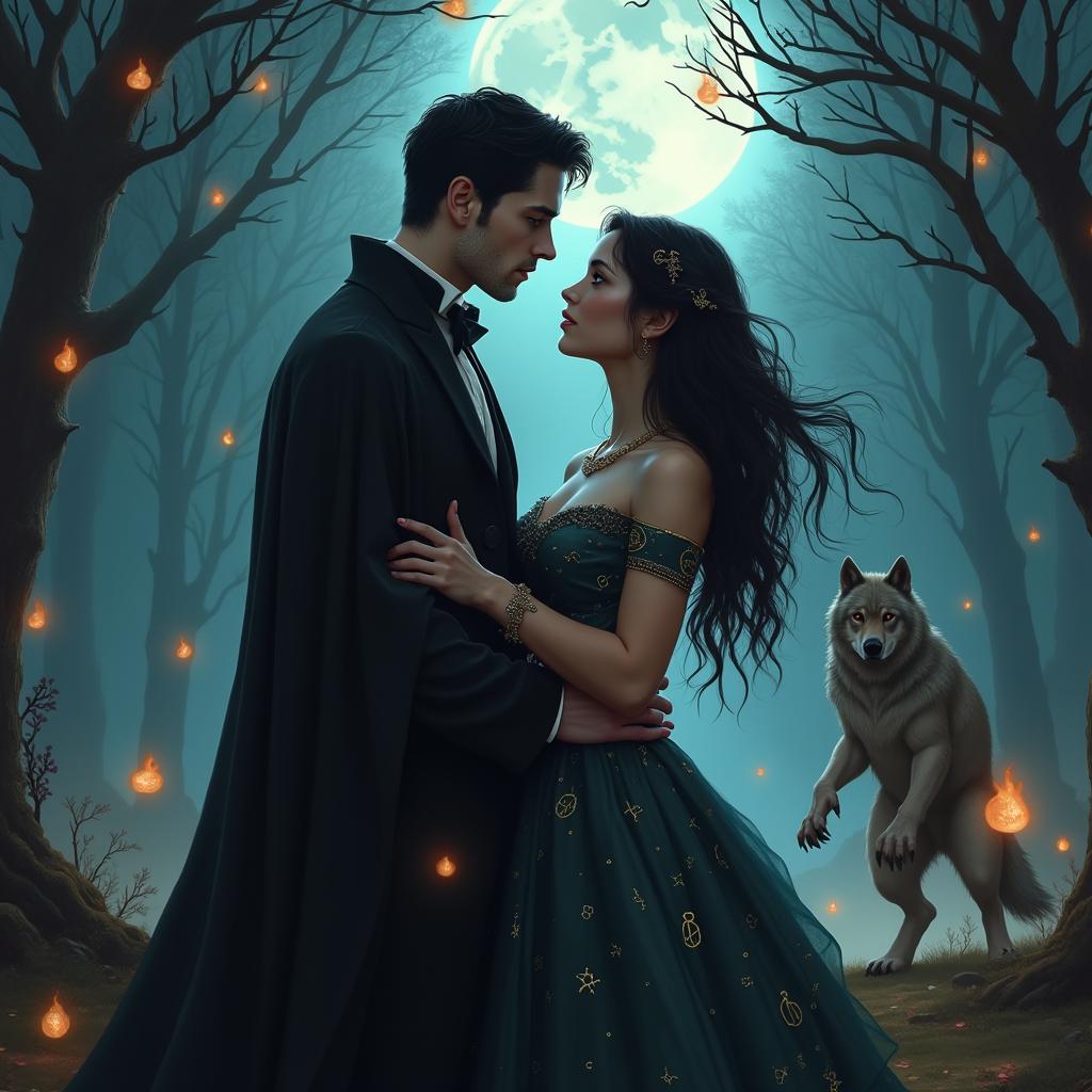 An enchanting scene depicting a paranormal romance among vampires, witches, and werewolves