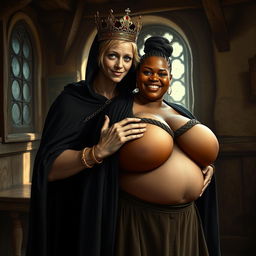 In a medieval bordello room bathed in daylight, a very short and emaciated 20-year-old blonde woman with very fair skin and striking blue eyes stands wearing a long, fully closed black cloak