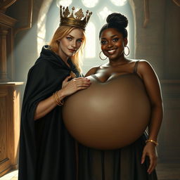 In a medieval bordello room bathed in daylight, a very short and emaciated 20-year-old blonde woman with very fair skin and striking blue eyes stands wearing a long, fully closed black cloak