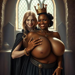 In a medieval bordello room bathed in daylight, a very short and emaciated 20-year-old blonde woman with very fair skin and striking blue eyes stands wearing a long, fully closed black cloak