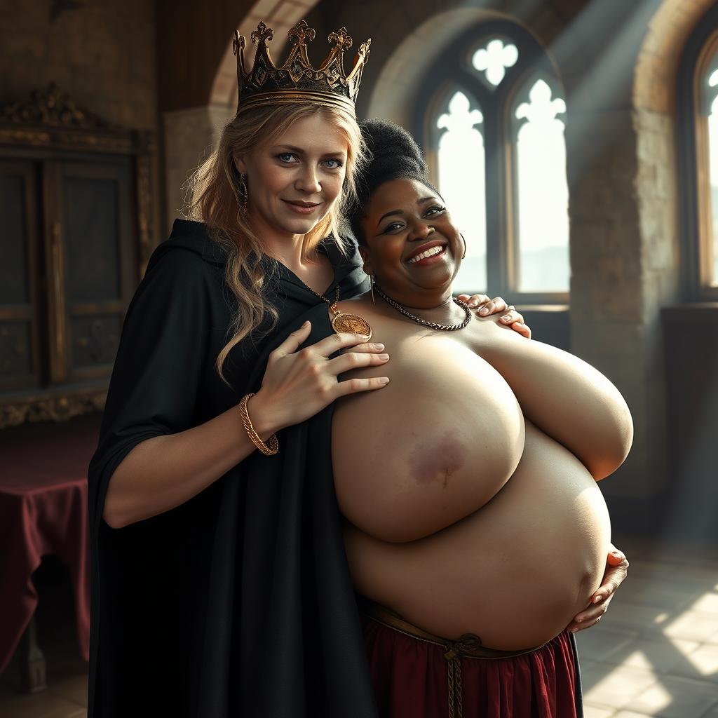 In a medieval bordello room bathed in daylight, a very short and emaciated 20-year-old blonde woman with very fair skin and striking blue eyes stands wearing a long, fully closed black cloak