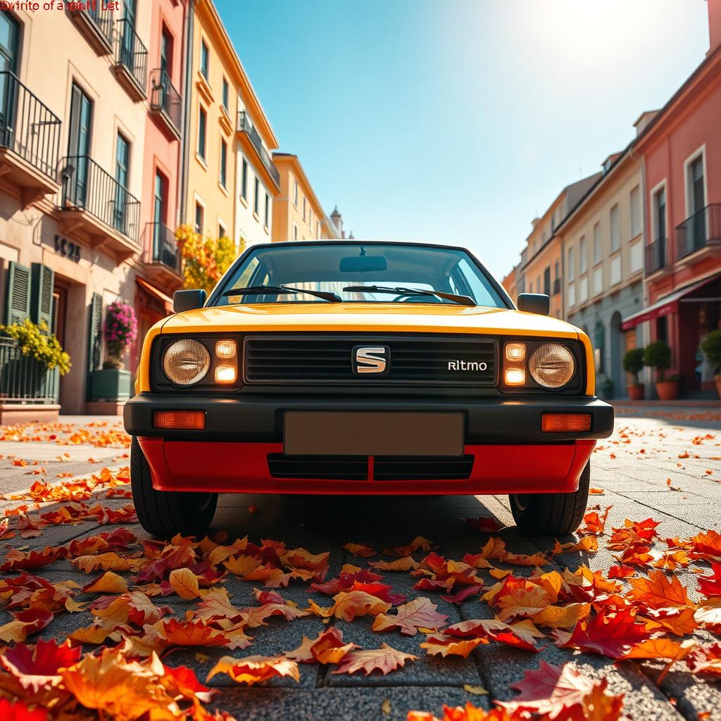 An artistic representation of a classic Seat Ritmo car parked on a picturesque street, capturing the essence of the 1980s automotive design with its distinctive lines and retro color palette