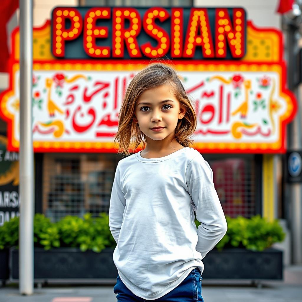 A girl with light brown hair and big round eyes standing confidently near a vibrant Persian sign
