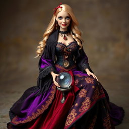 A mystical gypsy witch known as Barbie Bruja Gitana wearing a long and flowing dress made of deep shades of purple, black, and red, adorned with golden embroidery and lace details