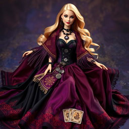 A mystical gypsy witch known as Barbie Bruja Gitana wearing a long and flowing dress made of deep shades of purple, black, and red, adorned with golden embroidery and lace details