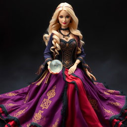 A mystical gypsy witch known as Barbie Bruja Gitana wearing a long and flowing dress made of deep shades of purple, black, and red, adorned with golden embroidery and lace details