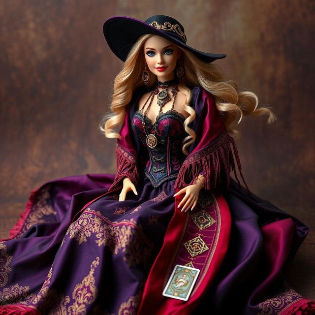 A mystical gypsy witch known as Barbie Bruja Gitana wearing a long and flowing dress made of deep shades of purple, black, and red, adorned with golden embroidery and lace details