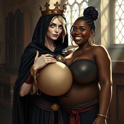 In a daylight-filled medieval bordello room, a very short and emaciated 20-year-old blonde woman with very fair skin and striking blue eyes stands in a long, fully closed black cloak