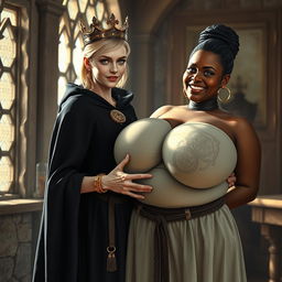 In a daylight-filled medieval bordello room, a very short and emaciated 20-year-old blonde woman with very fair skin and striking blue eyes stands in a long, fully closed black cloak