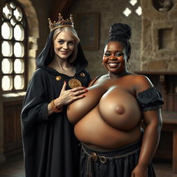 In a daylight-filled medieval bordello room, a very short and emaciated 20-year-old blonde woman with very fair skin and striking blue eyes stands in a long, fully closed black cloak