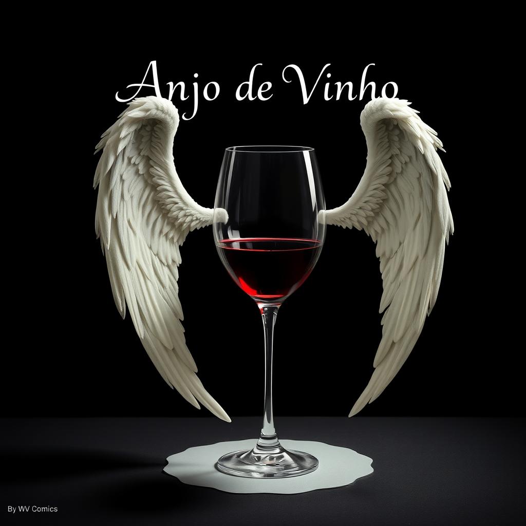 A glass of wine elegantly placed on a table, surrounded by a delicate angel wing wrapping around it