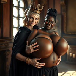 In a daylight-filled medieval bordello room, a very short and emaciated 20-year-old blonde woman with very fair skin and striking blue eyes stands wearing a long, fully closed black cloak