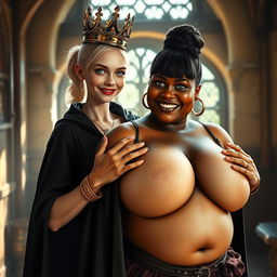 In a daylight-filled medieval bordello room, a very short and emaciated 20-year-old blonde woman with very fair skin and striking blue eyes stands wearing a long, fully closed black cloak