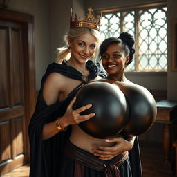 In a daylight-filled medieval bordello room, a very short and emaciated 20-year-old blonde woman with very fair skin and striking blue eyes stands wearing a long, fully closed black cloak