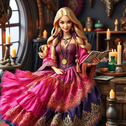 A relaxed and smiling Gypsy Witch Barbie with long flowing, voluminous dress made of pink, purple, and black fabrics, adorned with golden embroidery and lace details