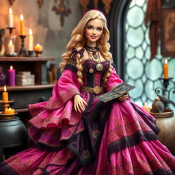 A relaxed and smiling Gypsy Witch Barbie with long flowing, voluminous dress made of pink, purple, and black fabrics, adorned with golden embroidery and lace details