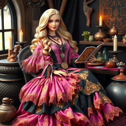 A relaxed and smiling Gypsy Witch Barbie with long flowing, voluminous dress made of pink, purple, and black fabrics, adorned with golden embroidery and lace details