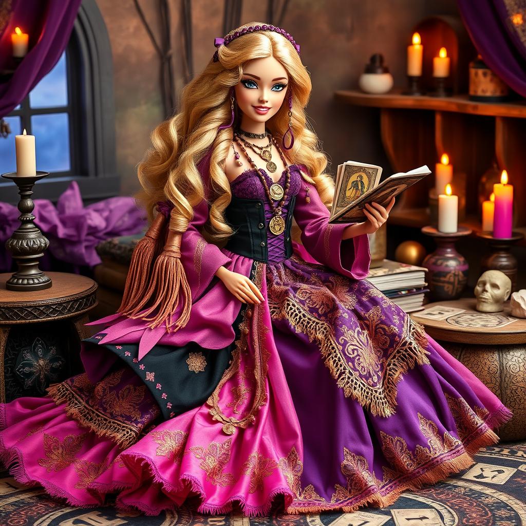 A relaxed and smiling Gypsy Witch Barbie with long flowing, voluminous dress made of pink, purple, and black fabrics, adorned with golden embroidery and lace details