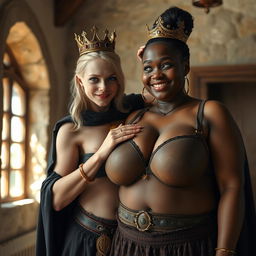 In a daylight-filled medieval bordello room, a very short and emaciated 20-year-old blonde woman with very fair skin and bright blue eyes stands wearing a long, fully closed black cloak