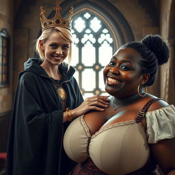 In a daylight-filled medieval bordello room, a very short and emaciated 20-year-old blonde woman with very fair skin and bright blue eyes stands wearing a long, fully closed black cloak