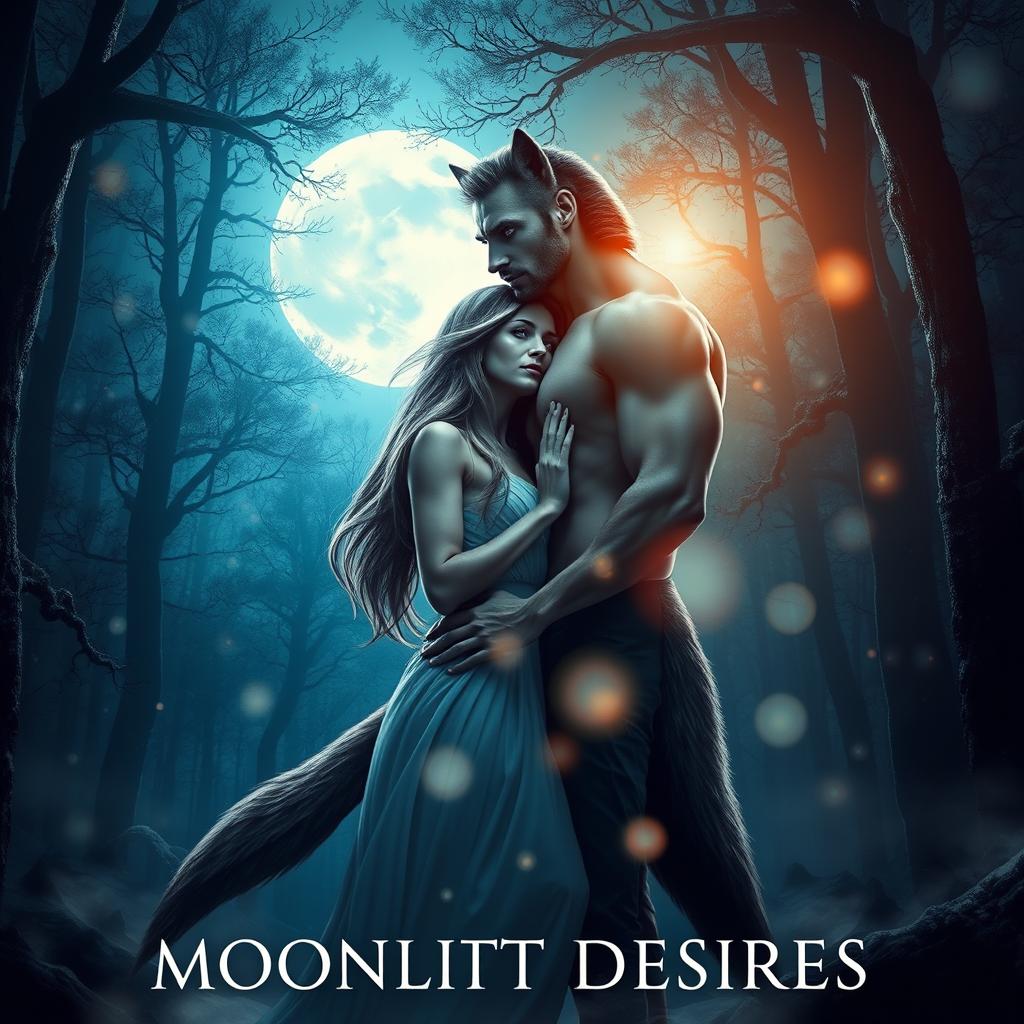 A captivating scene from a paranormal romance titled "Moonlit Desires," featuring a strong male werewolf and a fierce female werewolf