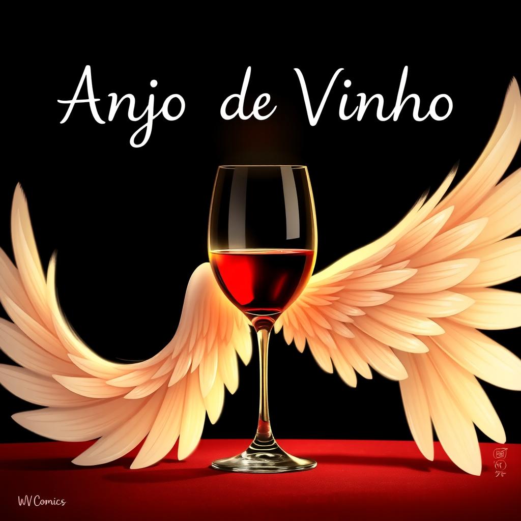 A glass of wine beautifully positioned on a table, wrapped in a graceful angel wing that adds an ethereal touch