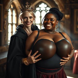 In a daylight-filled medieval bordello room, a very short and emaciated 20-year-old blonde woman with very fair skin and sparkling blue eyes is dressed in a long, fully closed black cloak