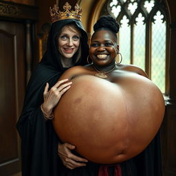 In a daylight-filled medieval bordello room, a very short and emaciated 20-year-old blonde woman with very fair skin and sparkling blue eyes is dressed in a long, fully closed black cloak