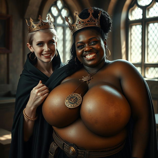 In a daylight-filled medieval bordello room, a very short and emaciated 20-year-old blonde woman with very fair skin and sparkling blue eyes is dressed in a long, fully closed black cloak