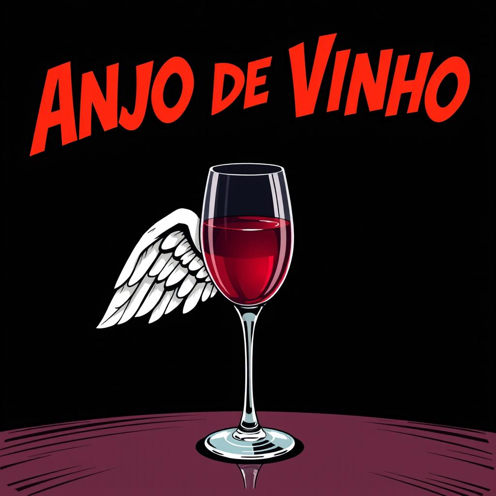 A comic book style illustration of a glass of wine elegantly sitting on a table, wrapped in a delicate angel wing that adds a fantastical element to the scene