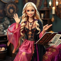A relaxed and smiling Gypsy Witch Barbie looking directly at the camera with a friendly wave