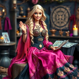 A relaxed and smiling Gypsy Witch Barbie looking directly at the camera with a friendly wave