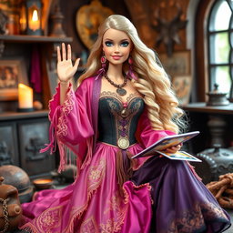 A relaxed and smiling Gypsy Witch Barbie looking directly at the camera with a friendly wave
