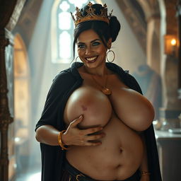 In a brightly lit medieval bordello during the day, a very short and emaciated 20-year-old blonde woman with extremely fair skin and captivating blue eyes stands wearing a long, fully closed black cloak