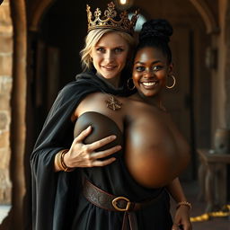 In a brightly lit medieval bordello during the day, a very short and emaciated 20-year-old blonde woman with extremely fair skin and captivating blue eyes stands wearing a long, fully closed black cloak