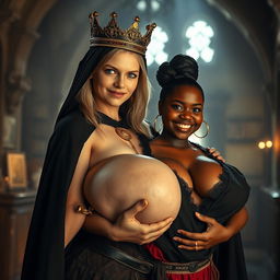 In a brightly lit medieval bordello during the day, a very short and emaciated 20-year-old blonde woman with extremely fair skin and captivating blue eyes stands wearing a long, fully closed black cloak