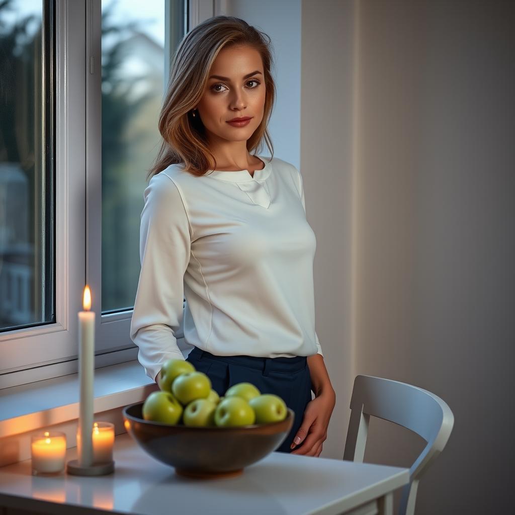 A 35-year-old woman with light brown hair and big round eyes, standing at a little desk close to a window in the evening light
