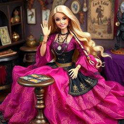 A joyful and relaxed Gypsy Witch Barbie with a bright smile, looking at the camera and waving