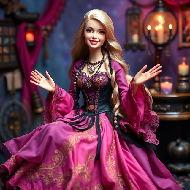 A joyful and relaxed Gypsy Witch Barbie with a bright smile, looking at the camera and waving