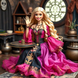 A joyful and relaxed Gypsy Witch Barbie with a bright smile, looking at the camera and waving